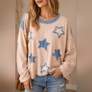 POL Star Patch Chambray Oversized Knit Top with Denim Contrast